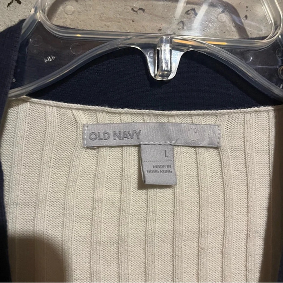 Old Navy Size L Beige Navy Grandpa Sweater V Neck Long Cardigan Ribbed Stretch - Picture 3 of 8